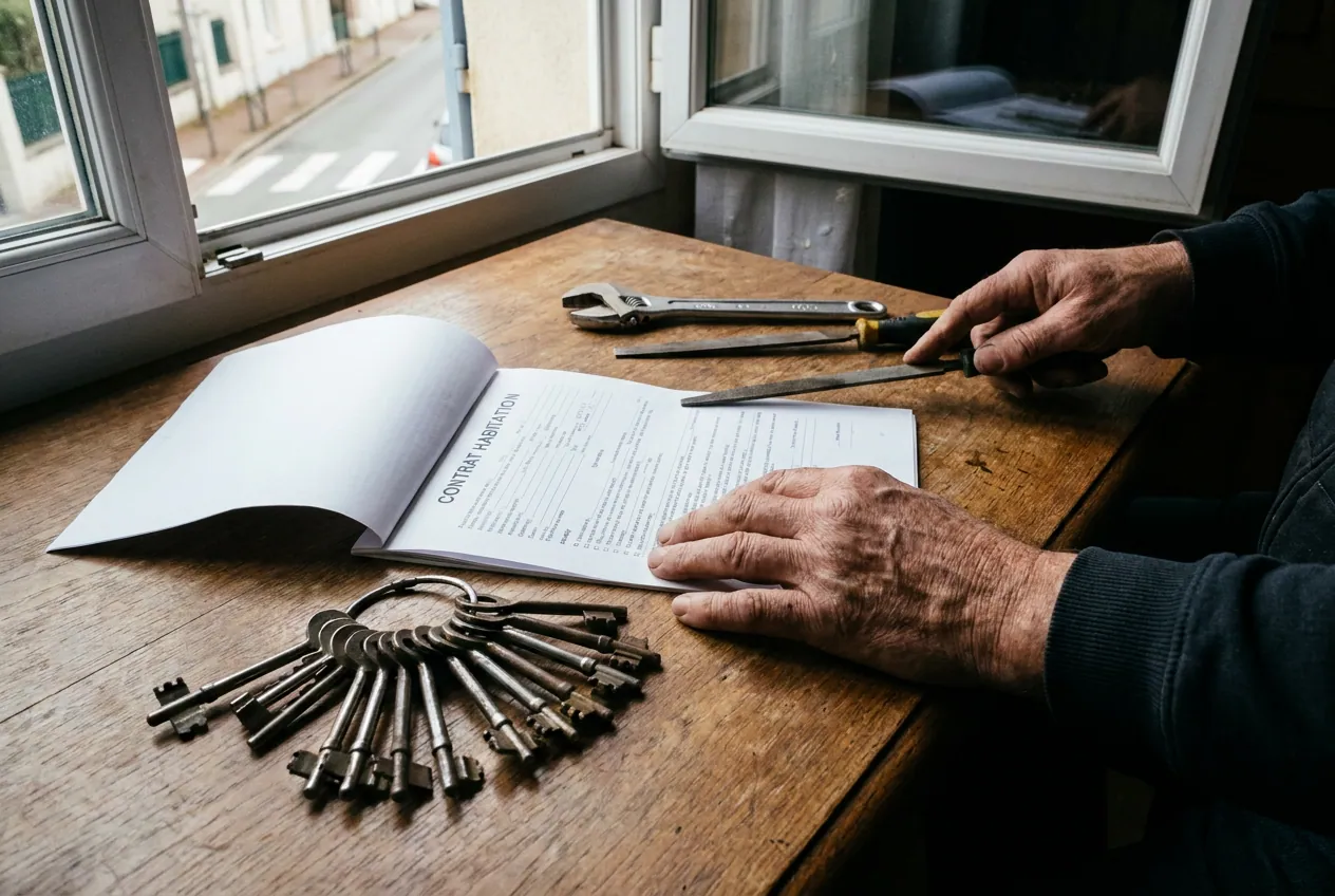 Contrat d'assurance habitation et trousseau de clés sur une table à Montgeron