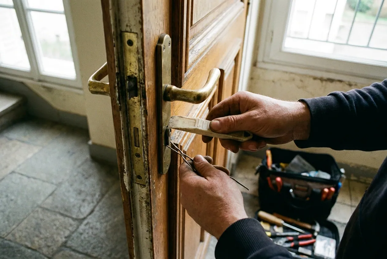 Porte d'entrée claquée dans un immeuble de Montgeron, poignée sans clé